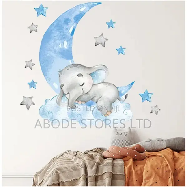 Moon Sleeping Elephant With Garland Wall Sticker -30*90cm - Blue
