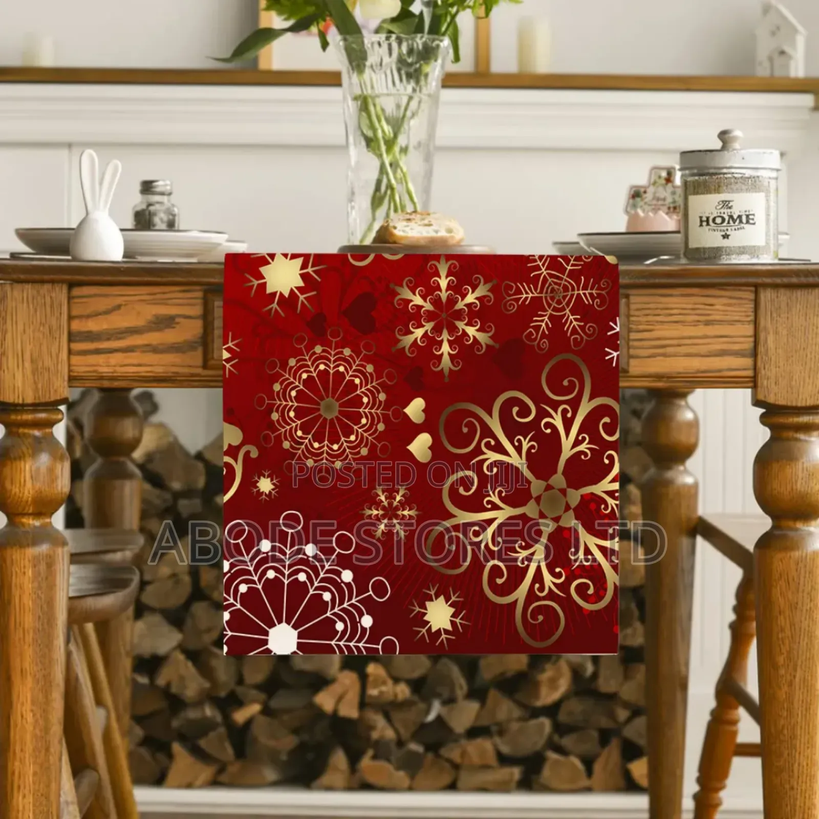 Christmas Table Runner Red Gold Snowflake