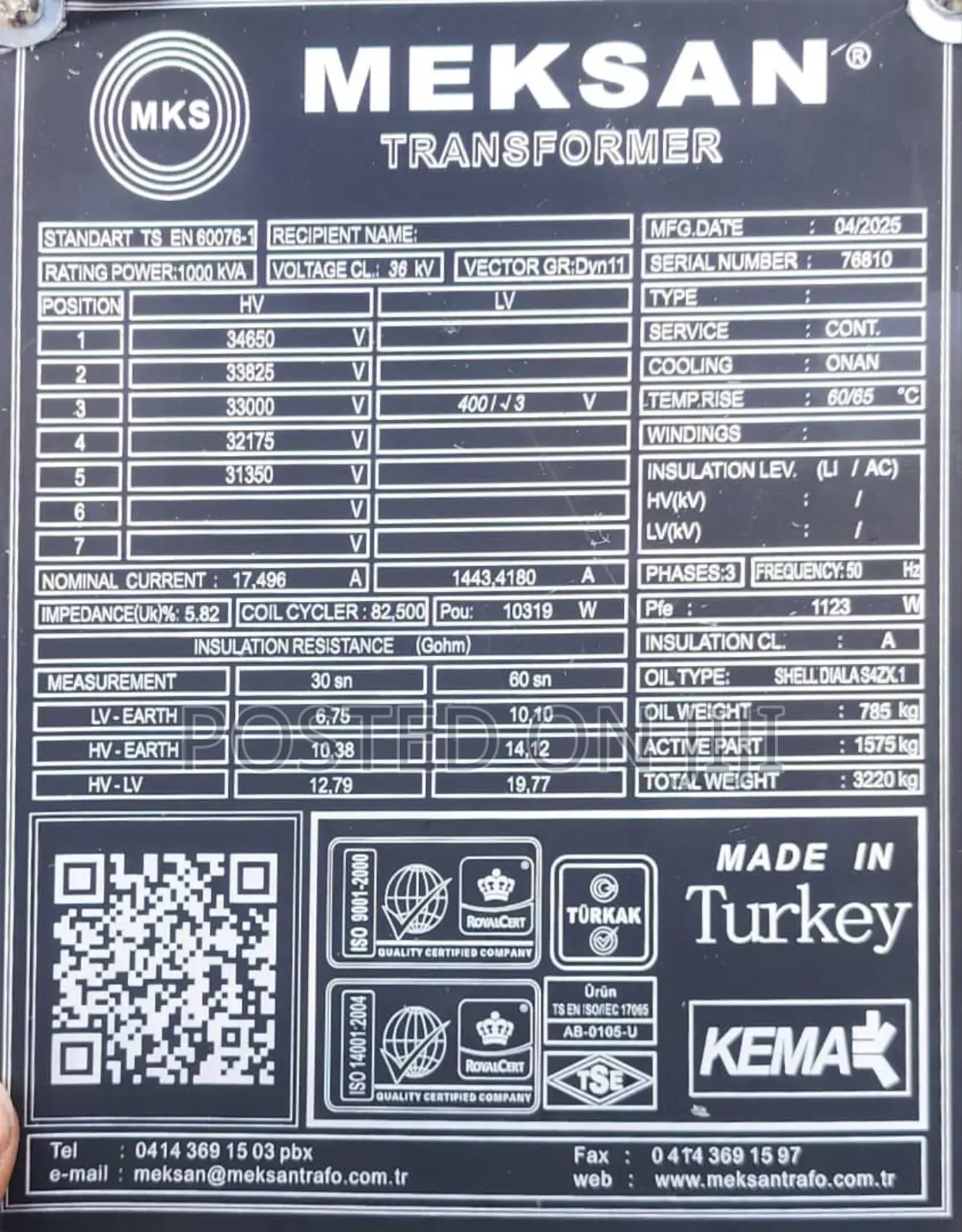 1mva 33kv Meksan Premium Quality Electric Power Transformer