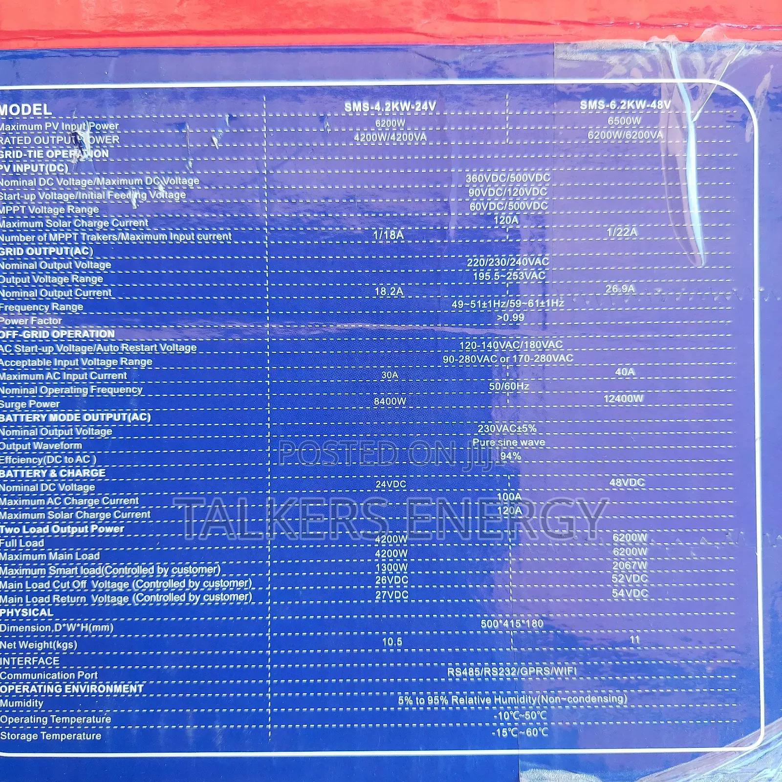 Hybrid Inverter SMS 6.2kva 48v Suitable for Tubular, Lithium, Agm