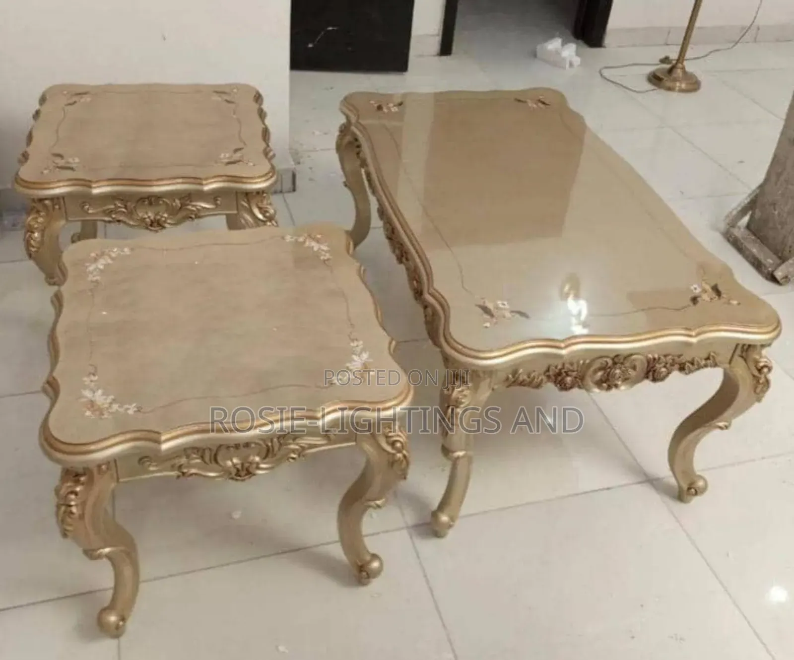 Contemporary Royal Design Center Table With 2 Side Stools- Gold