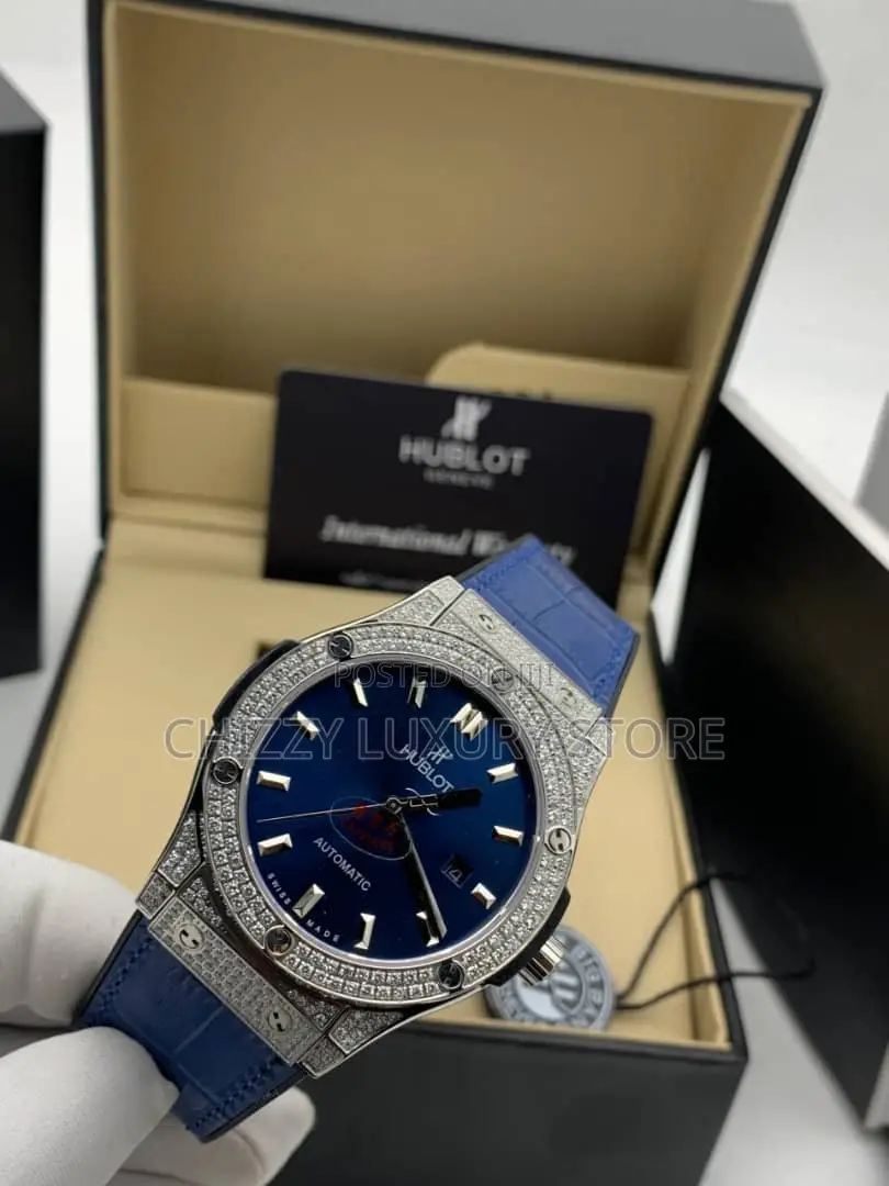 Hublot Quality Luxury Men Genuine Leather Iced Face Wristwatch