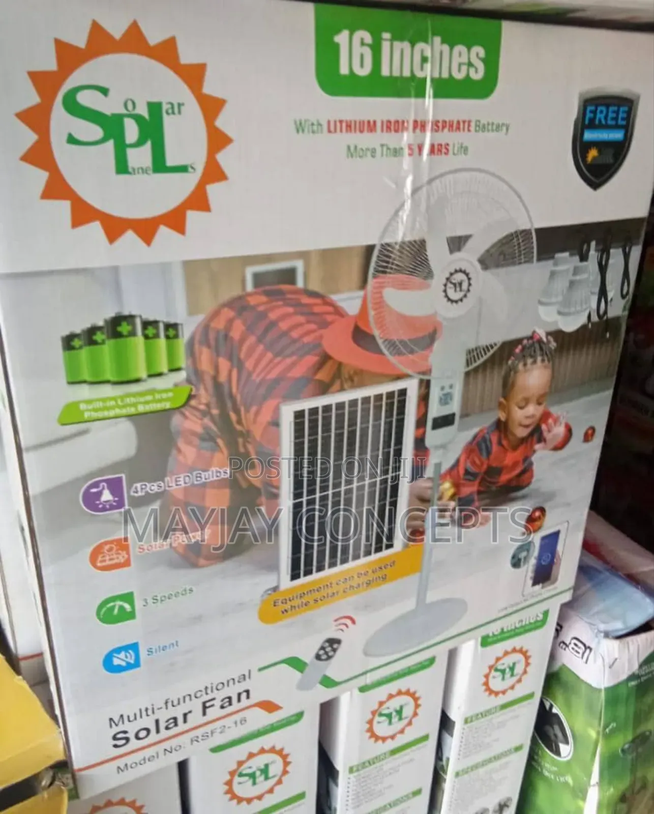 SPL 16" 3-in-1 Solar Rechargable Standing Fan+Panel+4-Bulbs