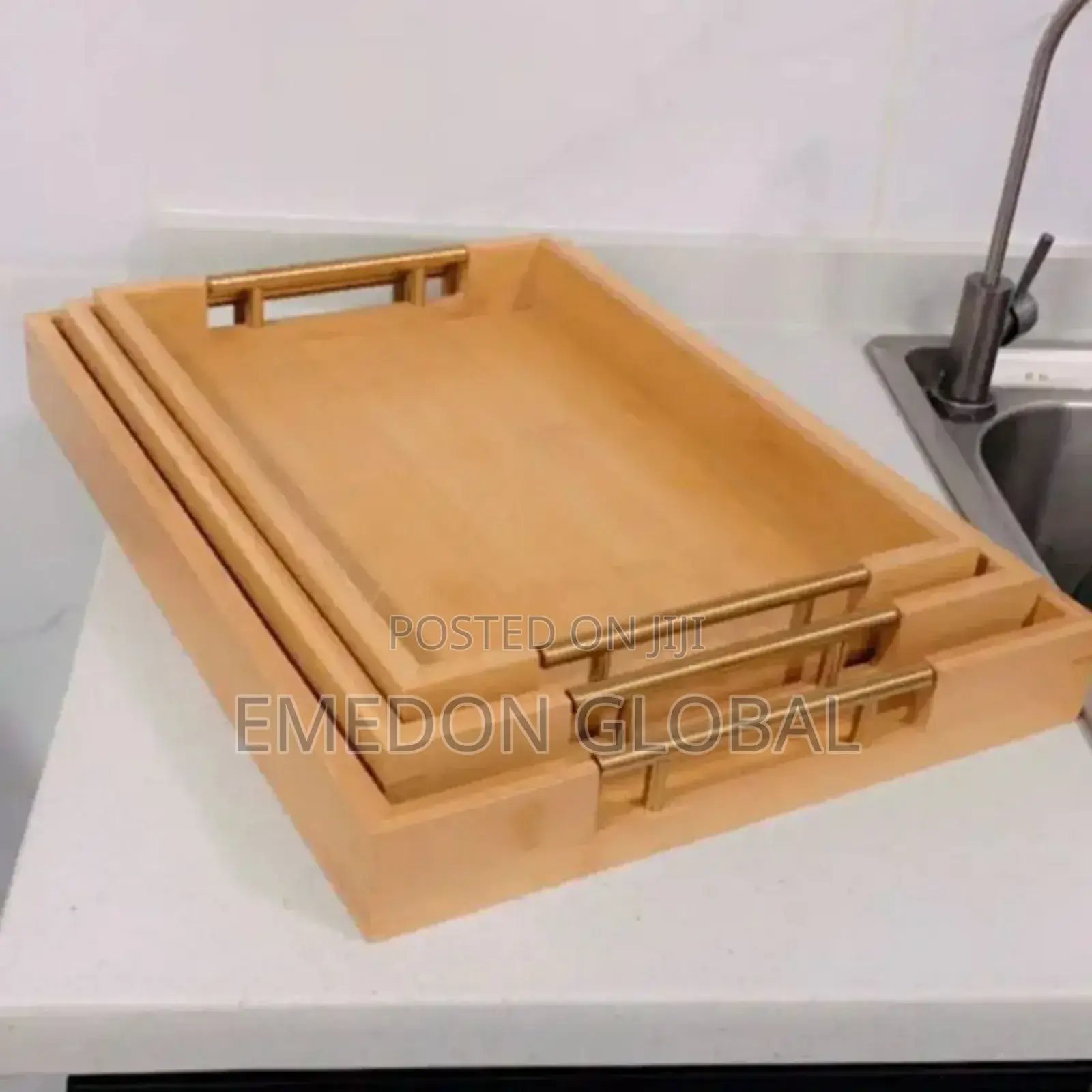 3in1 Quality Wooden Serving Tray With Metal Gold Handle