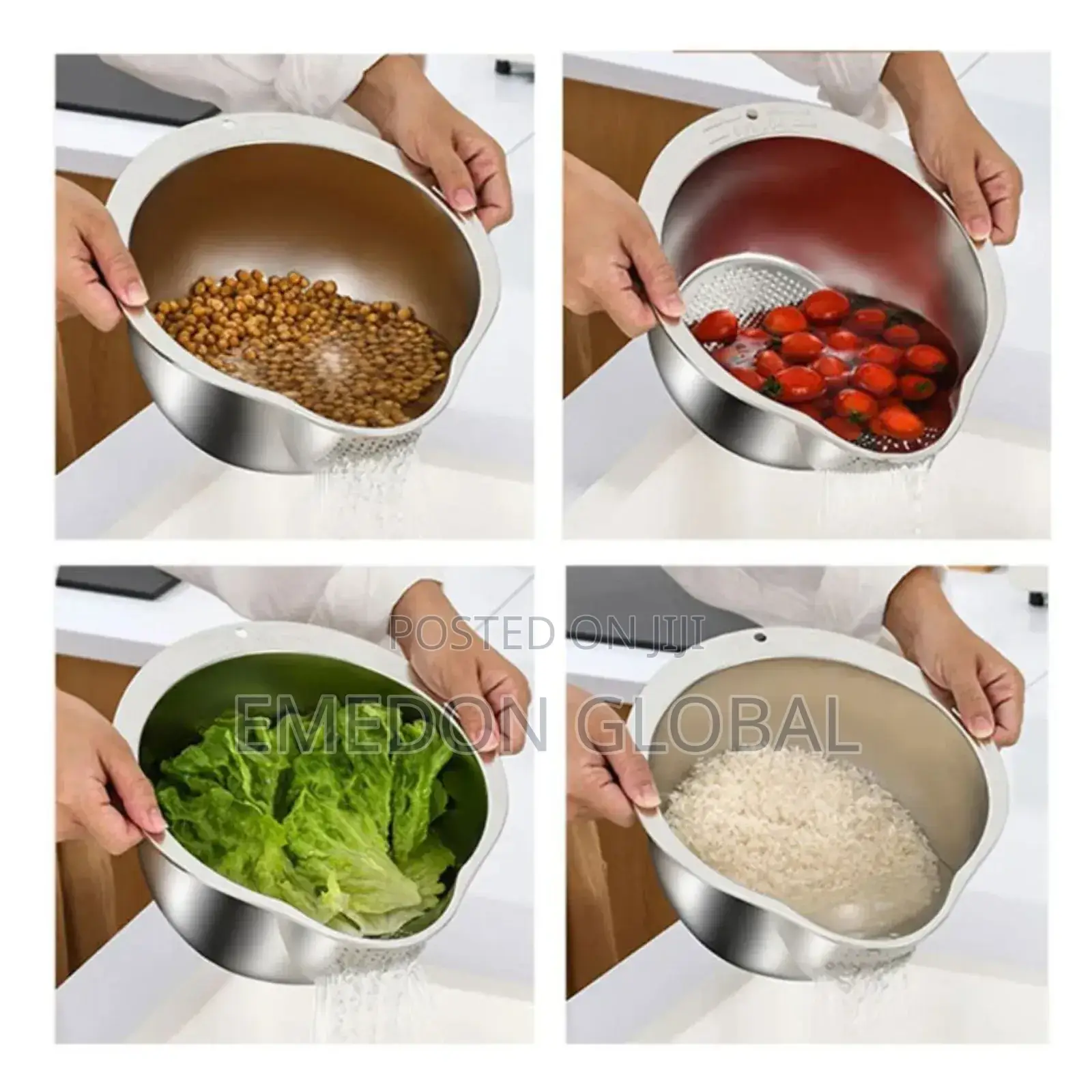 Stainless Steel Multi-Purpose Rice Washing Bowl With Slanted Colander