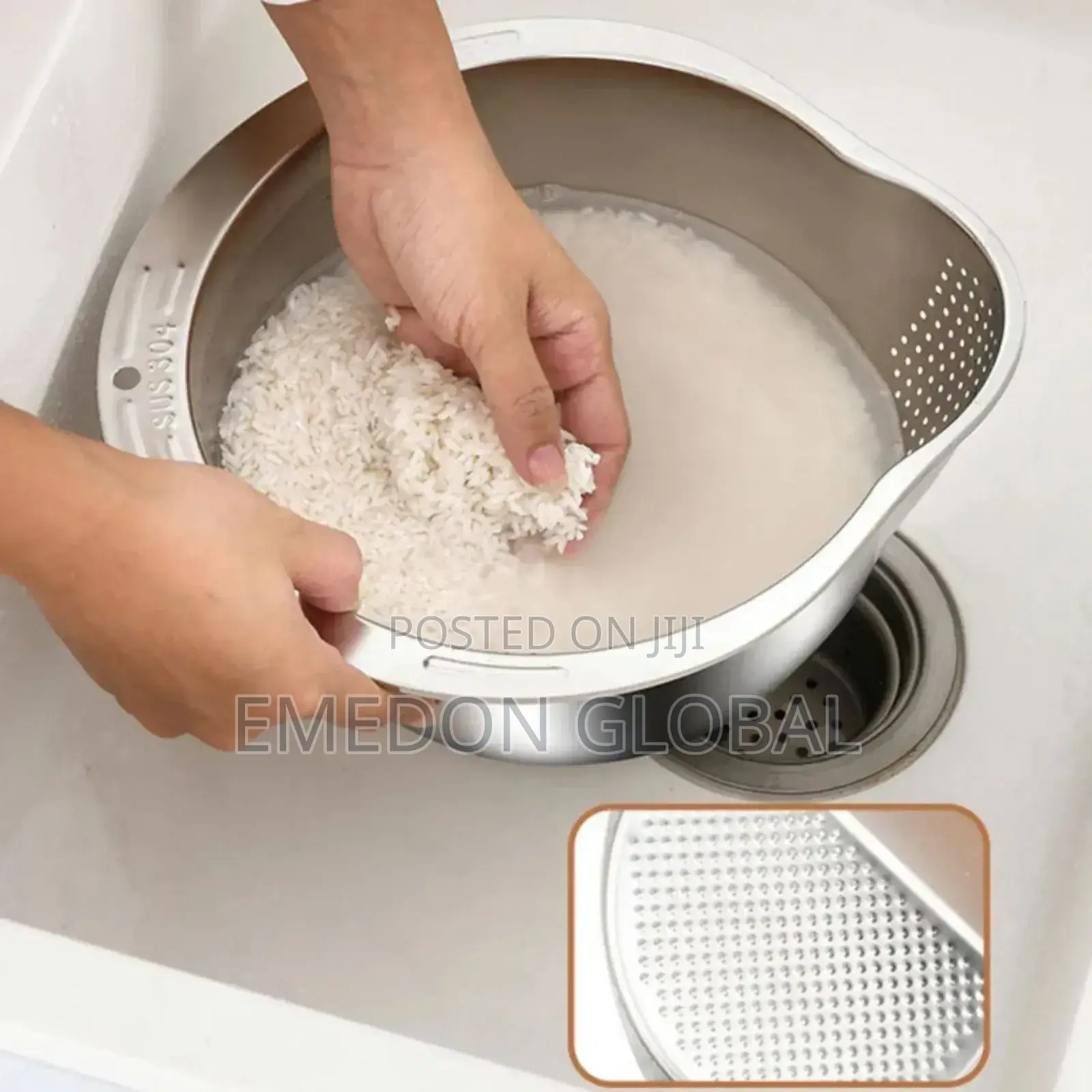 Stainless Steel Multi-Purpose Rice Washing Bowl With Slanted Colander