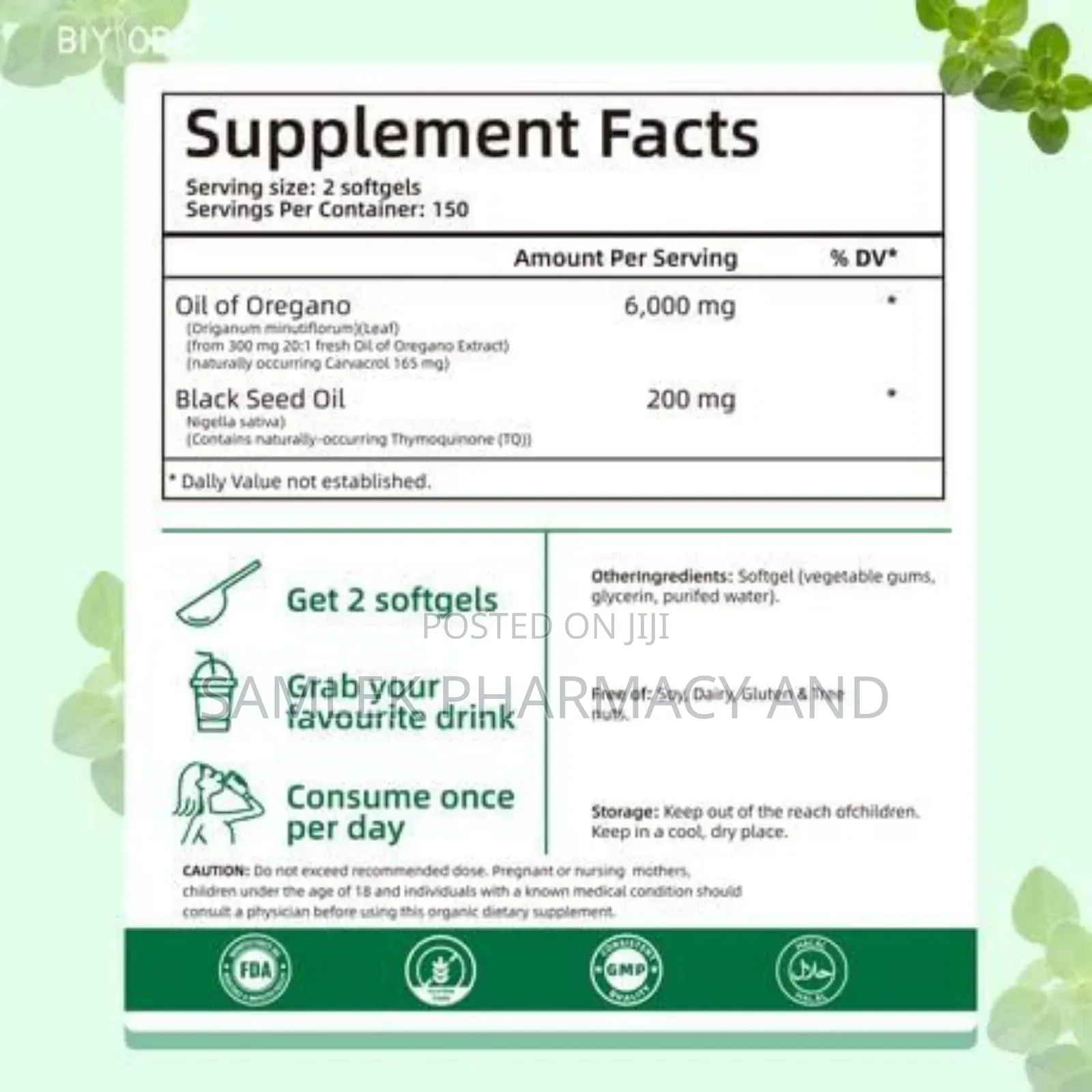 Biyode Oil Of Oregano With Black Seed Oil- 300 Softgels Plant-based