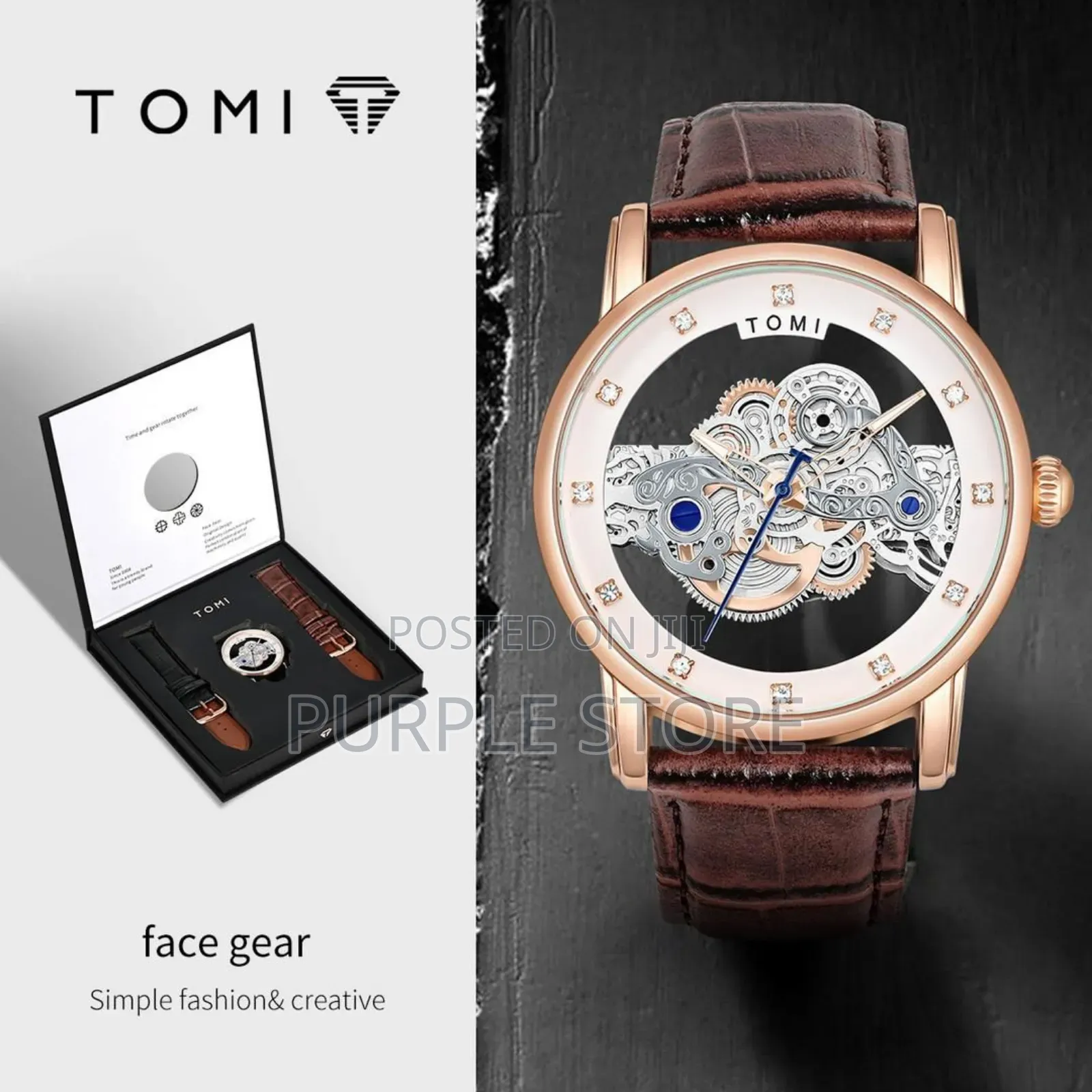 Tomi Double Leather Transparent Dial Wristwatches