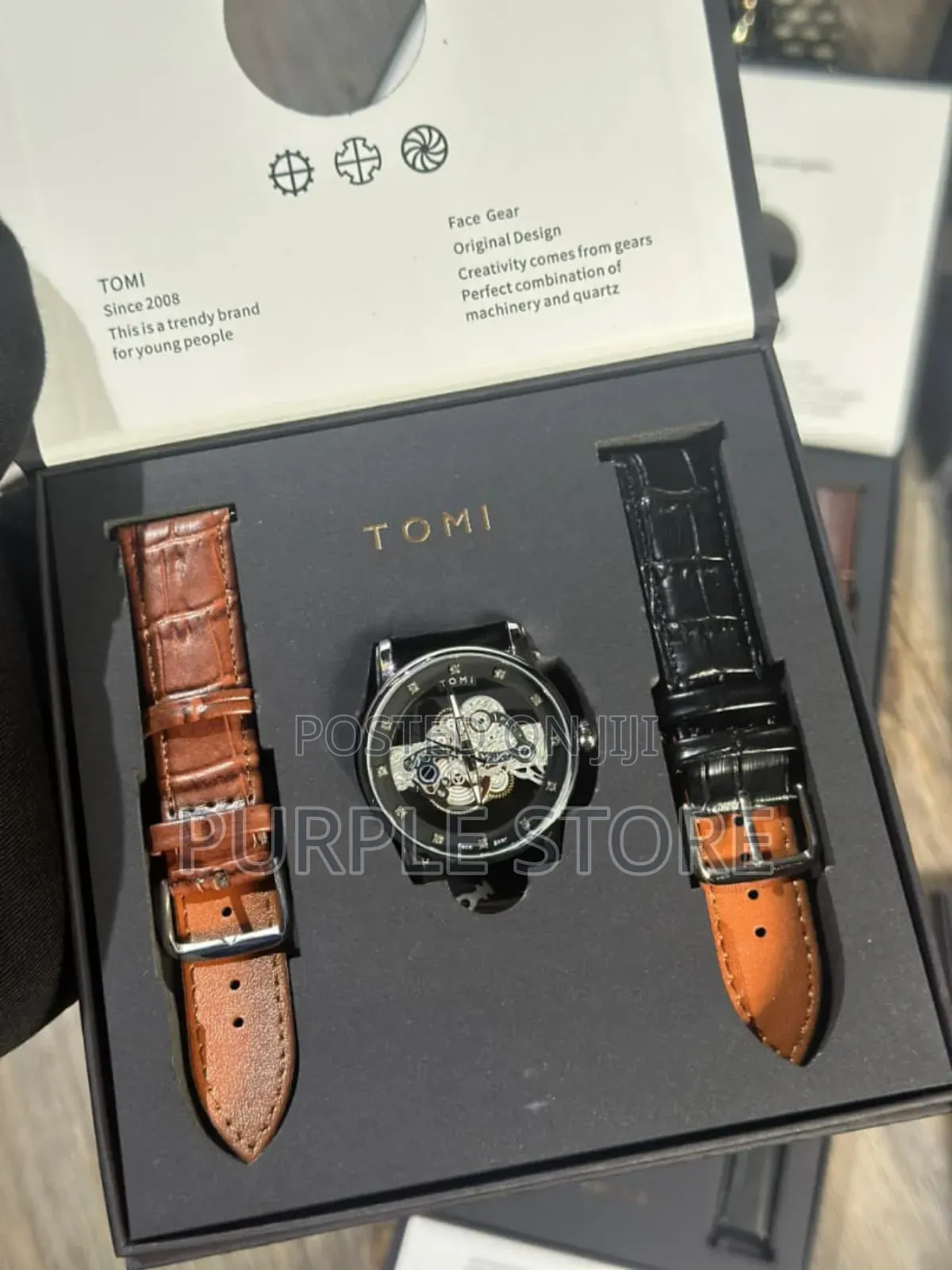 Tomi Double Leather Transparent Dial Wristwatches