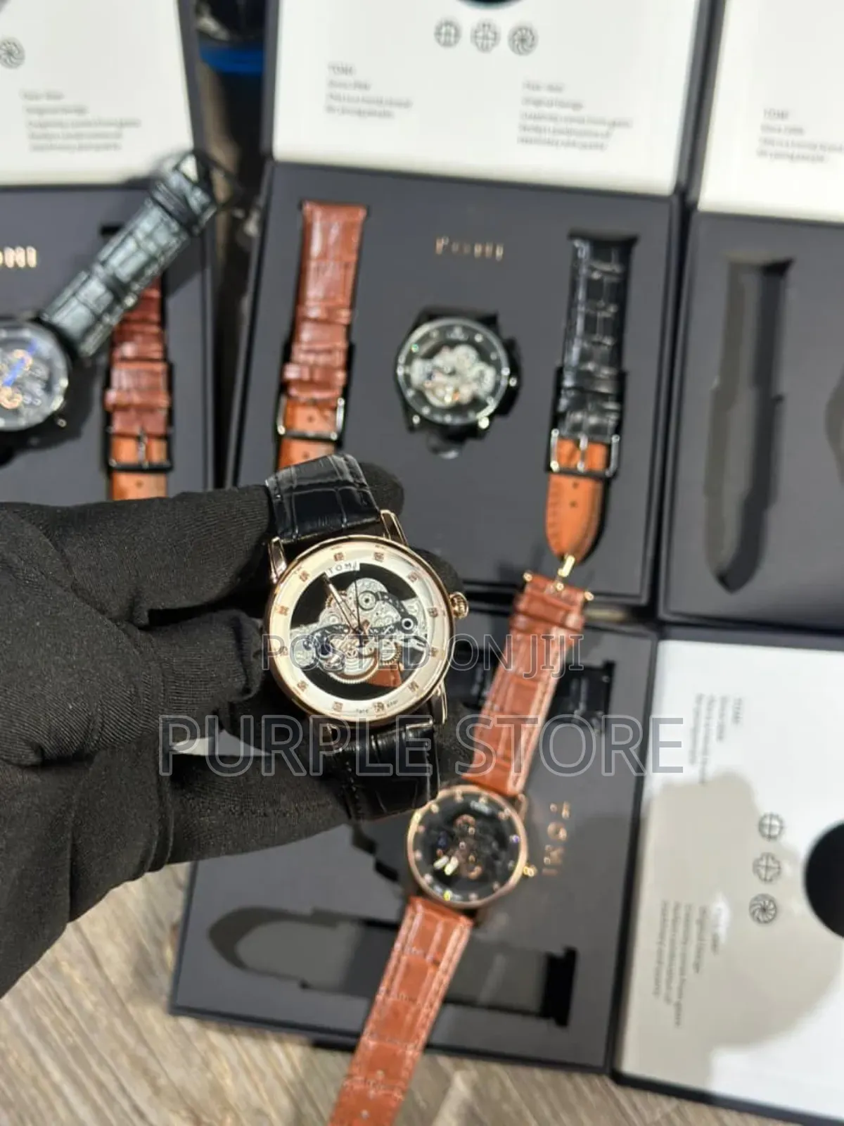 Tomi Double Leather Transparent Dial Wristwatches