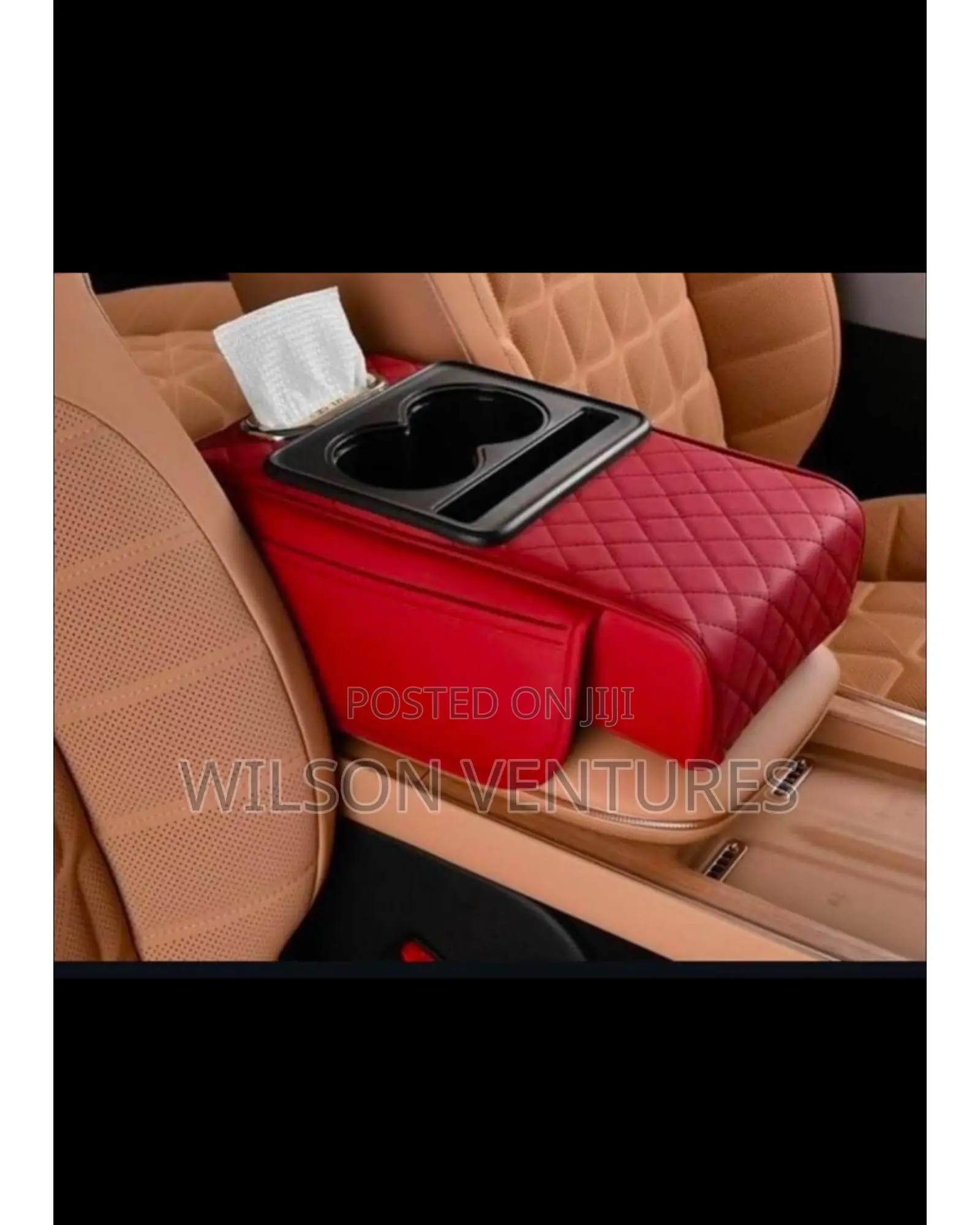 Universal Red Car Arm Rest Cover Cup Holder Pocket And Tissue