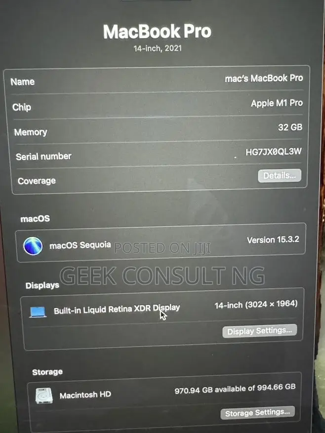 Laptop Apple MacBook Pro 2021 M1 32GB Apple M1 Pro SSD 1T