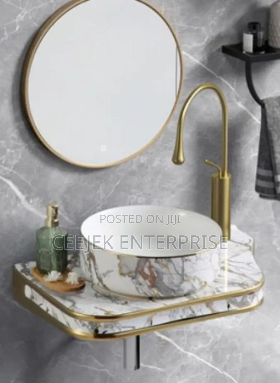 Executive White and Gold Hanging Basin With Mirror and Tap