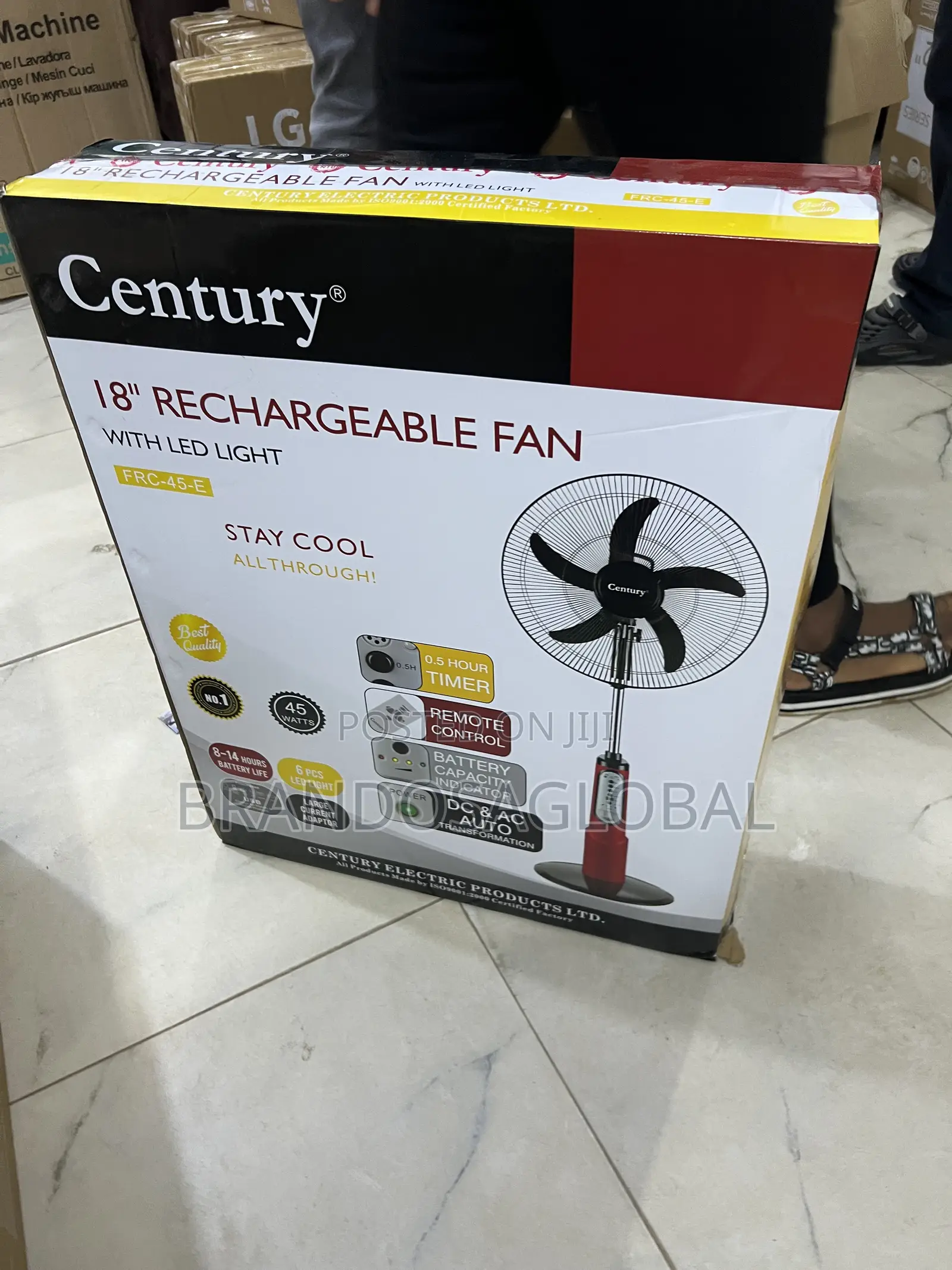 Century FRC-45-D 18" Rechargeable Standing Fan With Led Light
