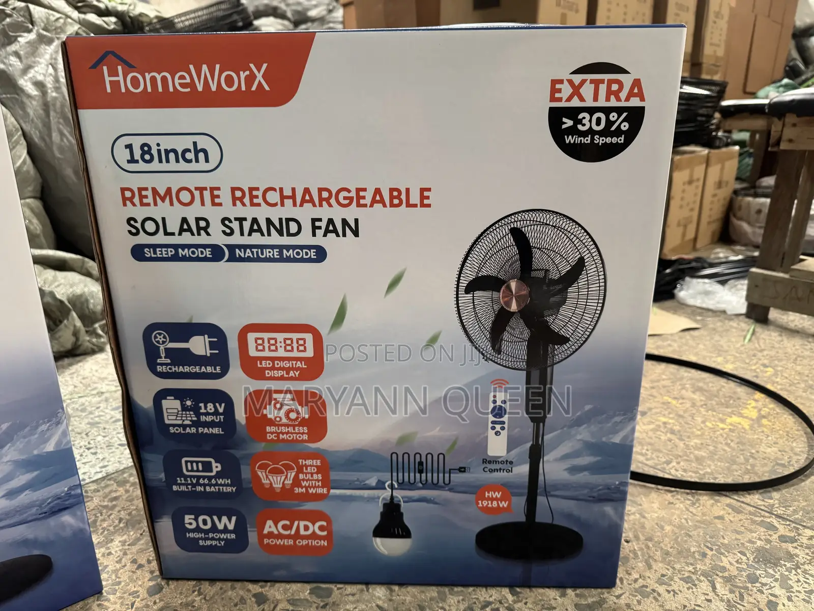 18”Homeworx Solar Rechargeable Standing Fan With 18v 25w Solar Panel
