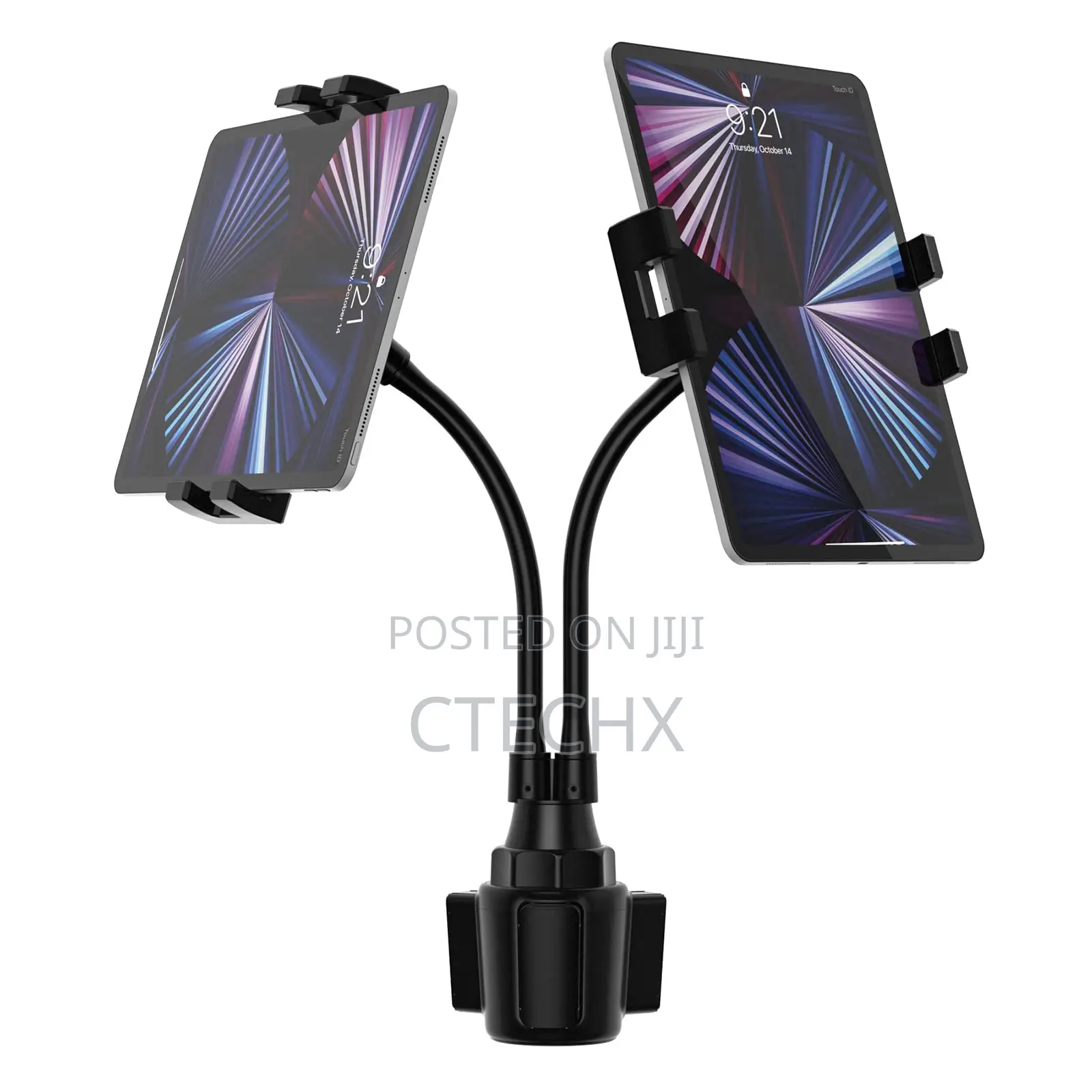 Adjustable Dual Car Cup Holder Tablet Mount for iPad, iPhone, Samsung