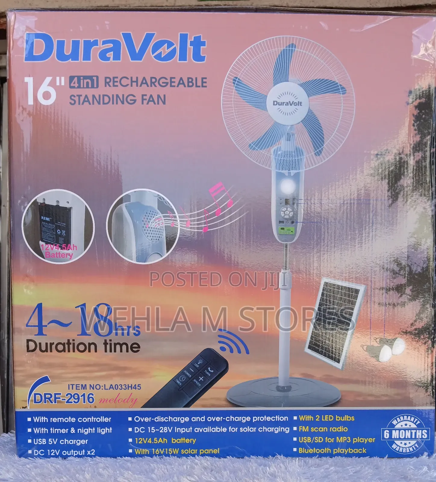 Duravolt 16" 4-in-1 Rechargeable Standing Fan (Solar) -DRF 2916 Melody