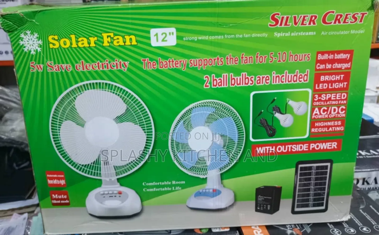 Silver Crest 12'' Inch Rechargeable Solar Table Fan + Panel+ 2 Bulbs