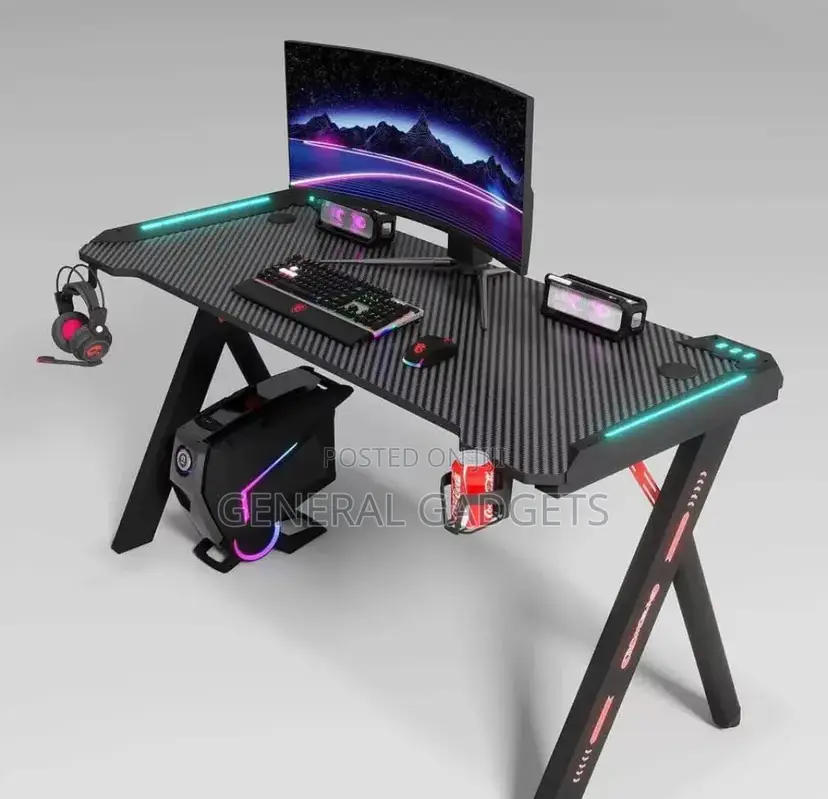 Rugged Gaming Table With Led Lights, Headphone Hook and Cup Holder