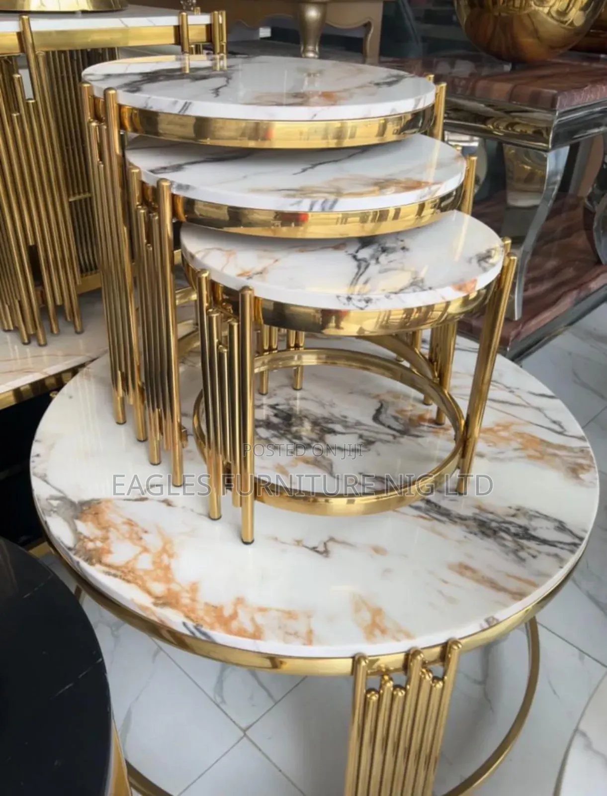 A Set of Unique Marble Center With 3 Side Stool