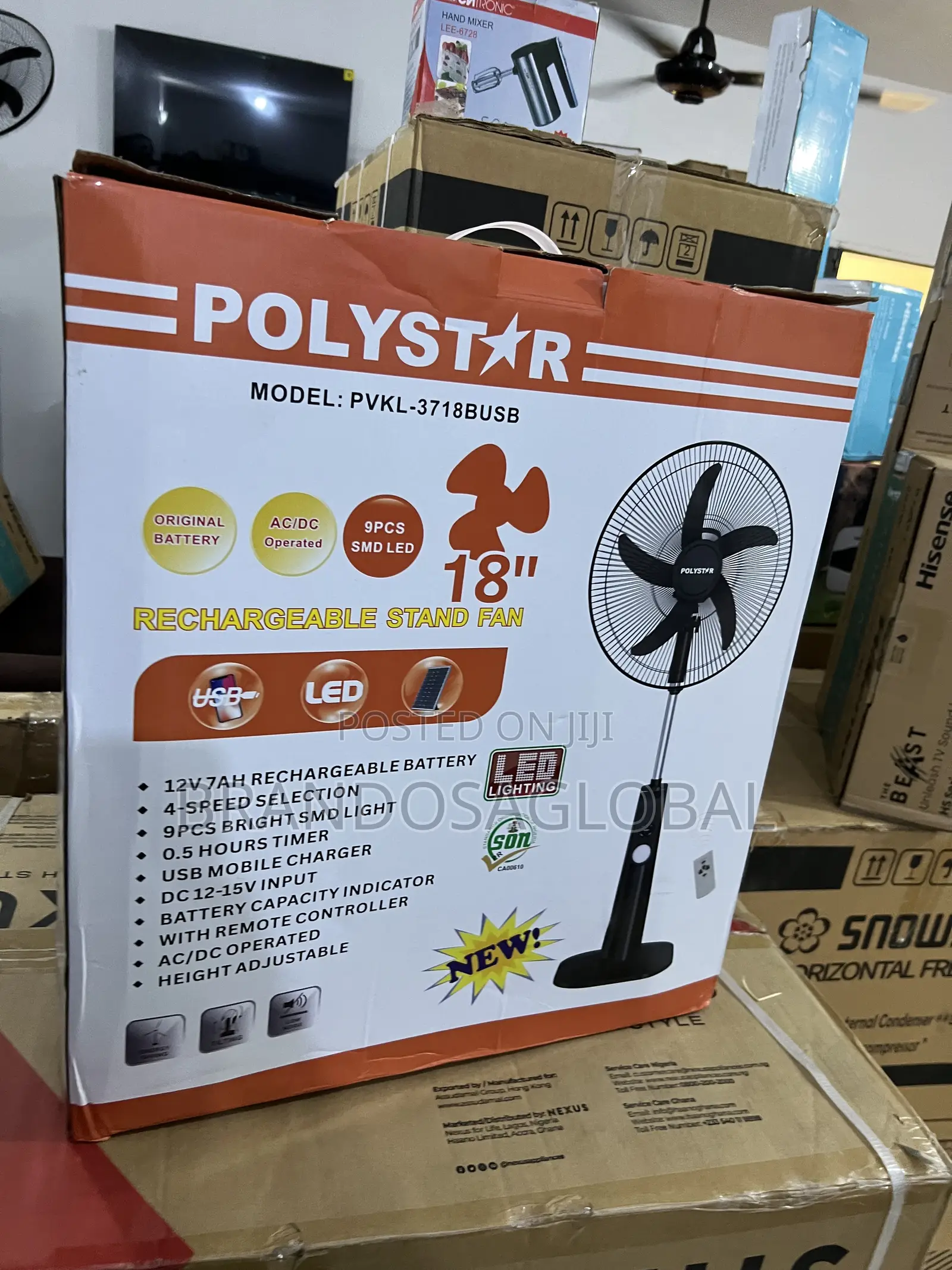 PVKL-1878busb Polystar Rechargeable Fan | Portable Stand Design