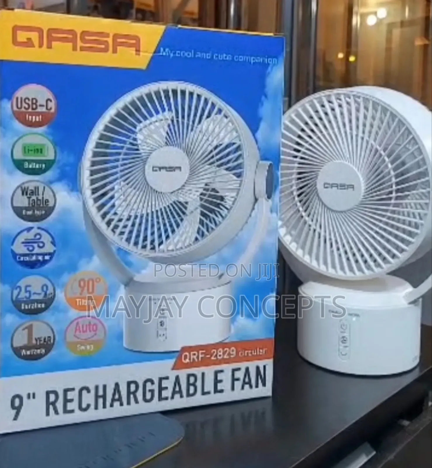 Qasa 9-Inch Table Fan With 900 Rotation and Lithium Battery-5blades