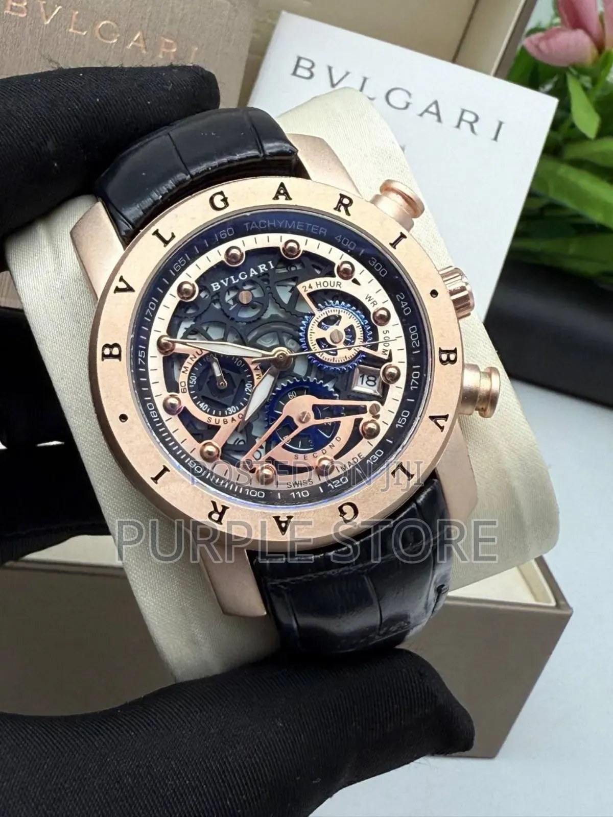 Bvlgari Black Leather Chronograph Watch