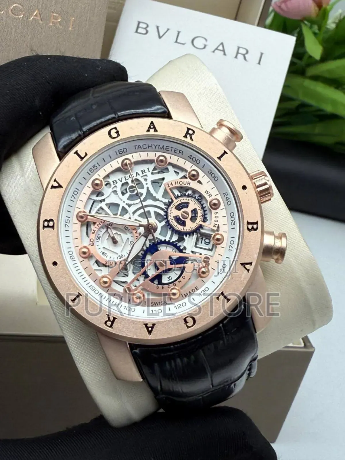 Bvlgari Black Leather Chronograph Watch
