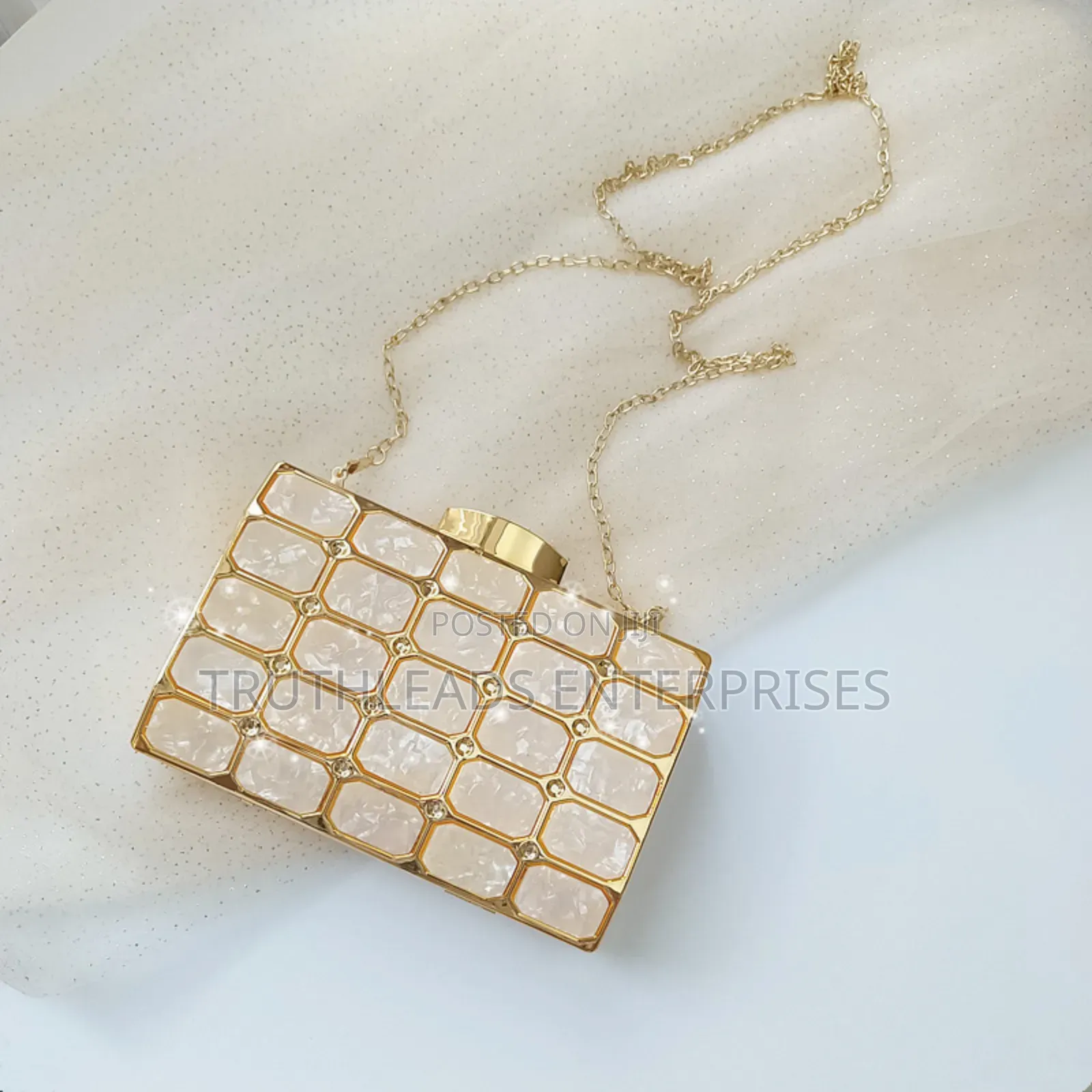 Gold Clutch Bag With Rhinestone Chain