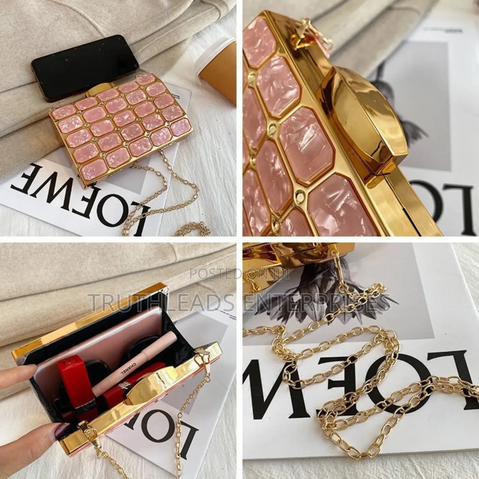 Gold Clutch Bag With Rhinestone Chain