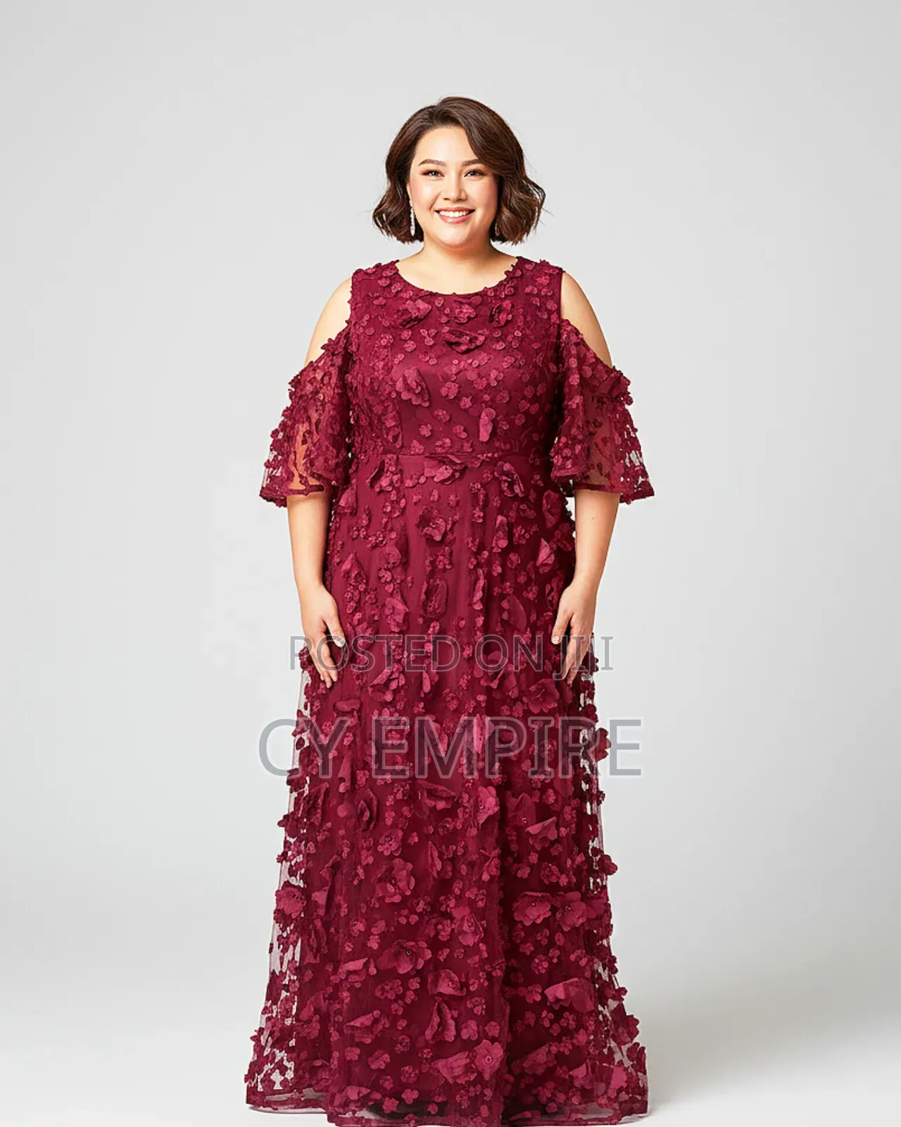 Wine Dress With 3d Petals Lace