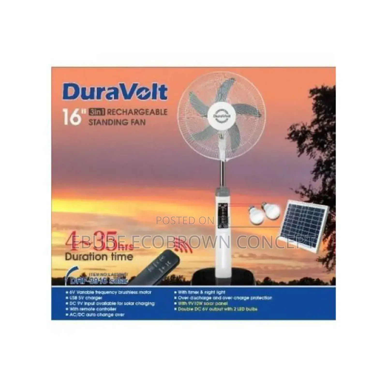 Dura Volts 16 Inches Solar Rechargeable Standing Fan Ac/Dc