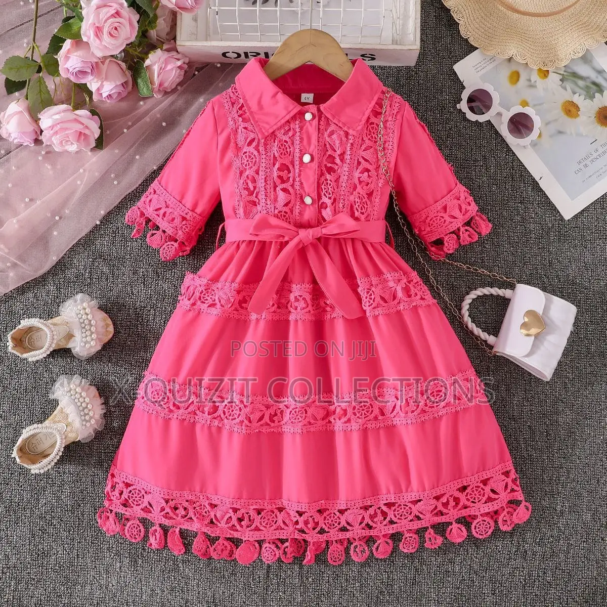 Girls’ Elegant Lace-Trimmed Collared Dress (2y-7y)