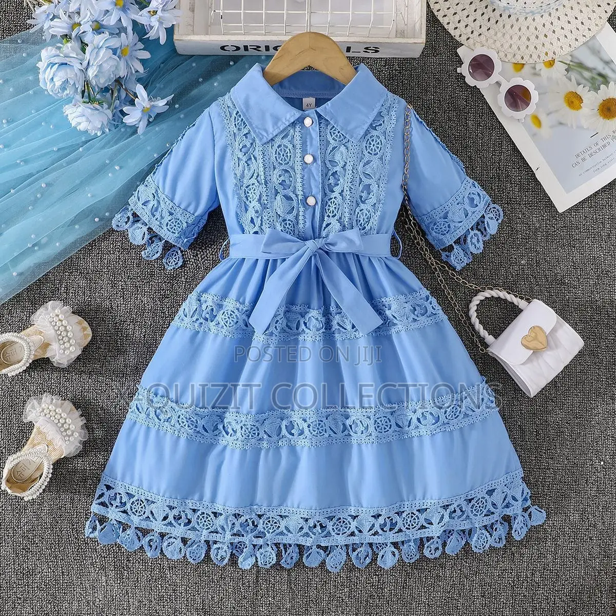 Girls’ Elegant Lace-Trimmed Collared Dress (2y-7y)