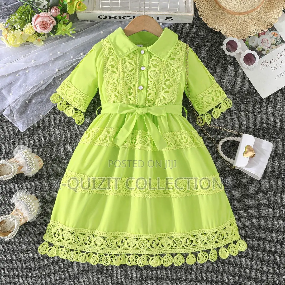 Girls’ Elegant Lace-Trimmed Collared Dress (2y-7y)