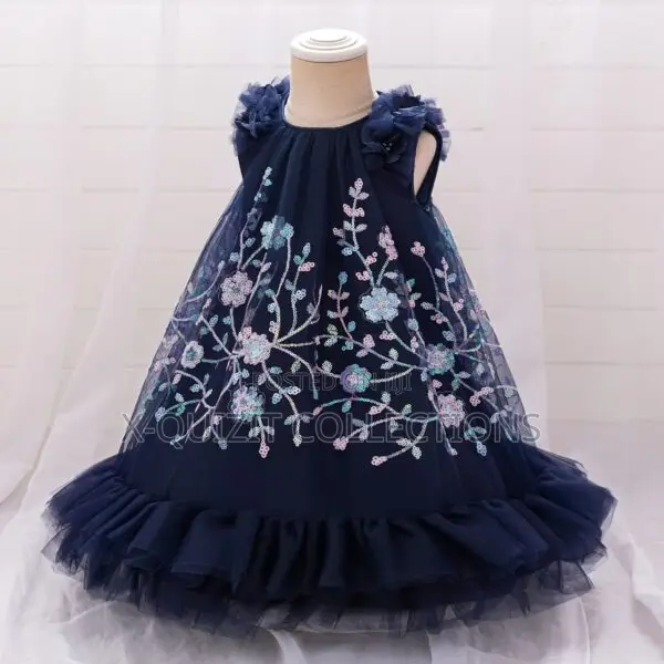 Girls' Navy Blue Sequin Floral Embroidery Party Dress (4y-7y)