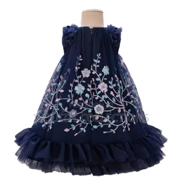 Girls' Navy Blue Sequin Floral Embroidery Party Dress (4y-7y)