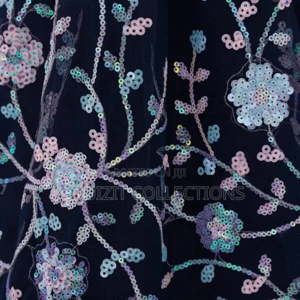 Girls' Navy Blue Sequin Floral Embroidery Party Dress (4y-7y)