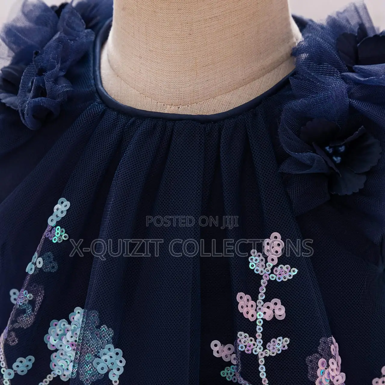 Girls' Navy Blue Sequin Floral Embroidery Party Dress (4y-7y)