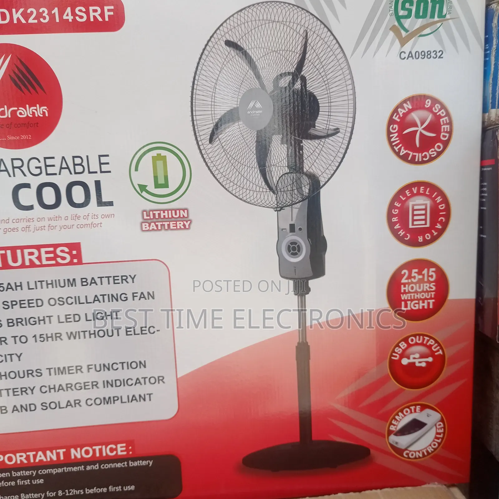Andrakk 18" Lithium Solar Rechargeable Stand Fan