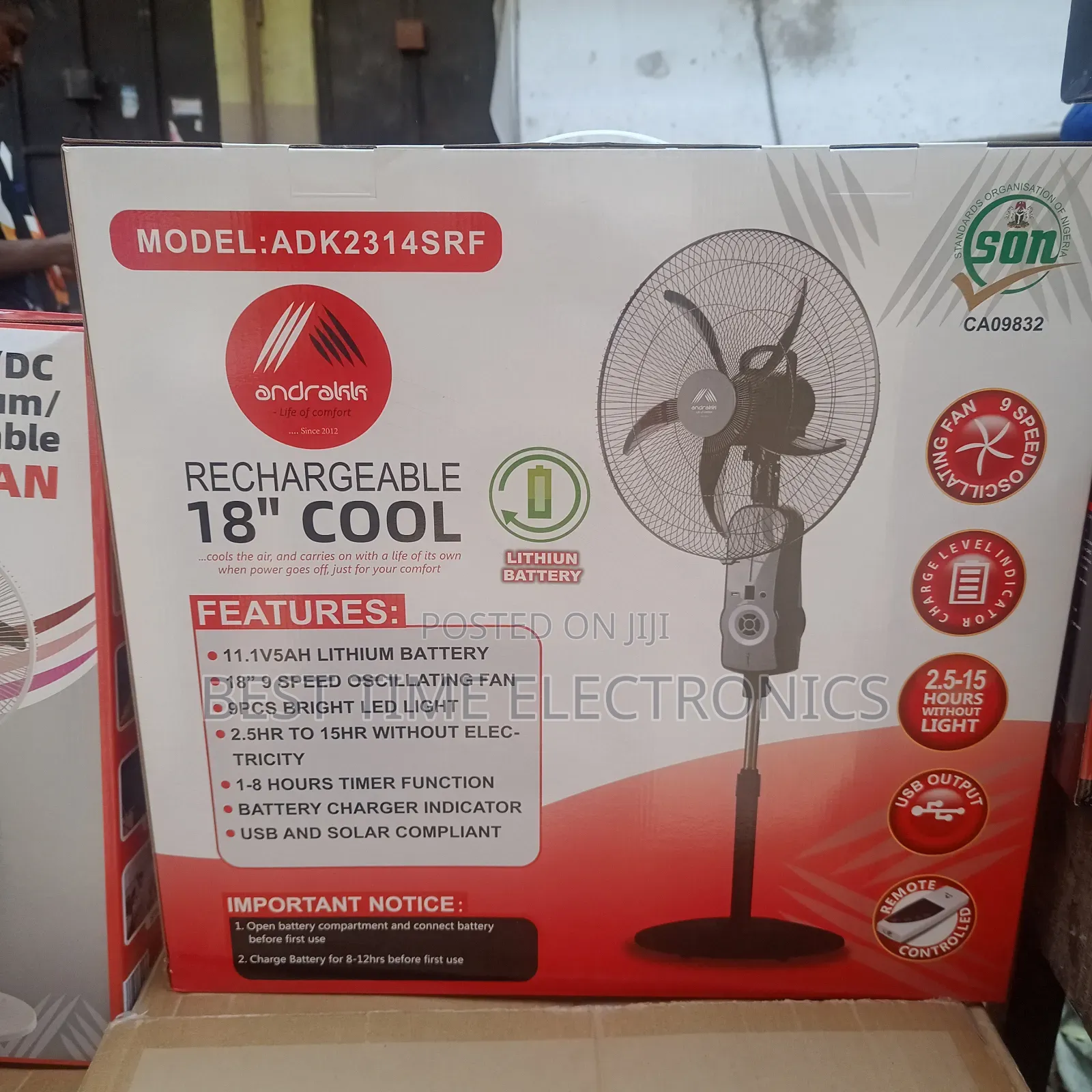Andrakk 18" Lithium Solar Rechargeable Stand Fan