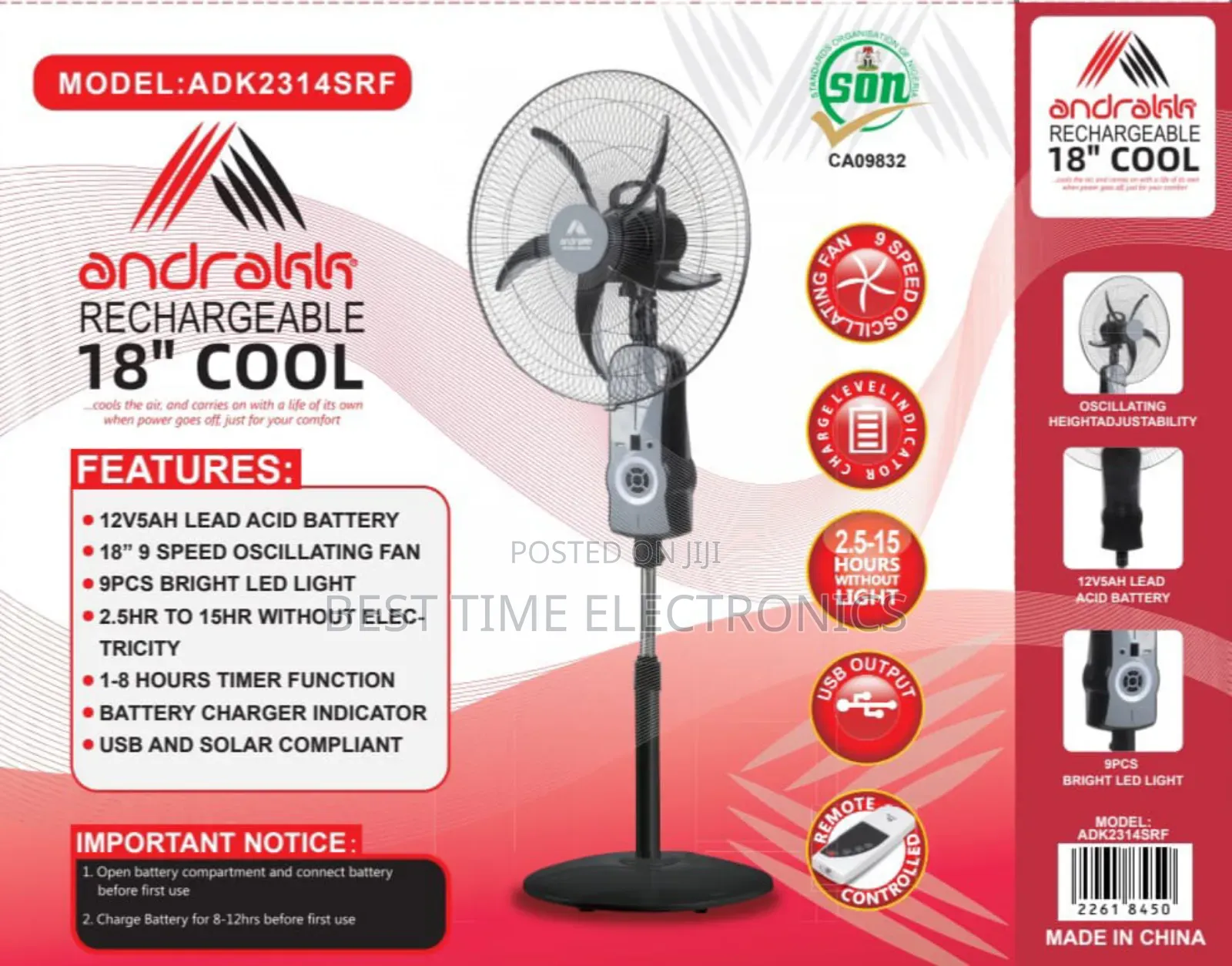 Andrakk 18" Lithium Solar Rechargeable Stand Fan