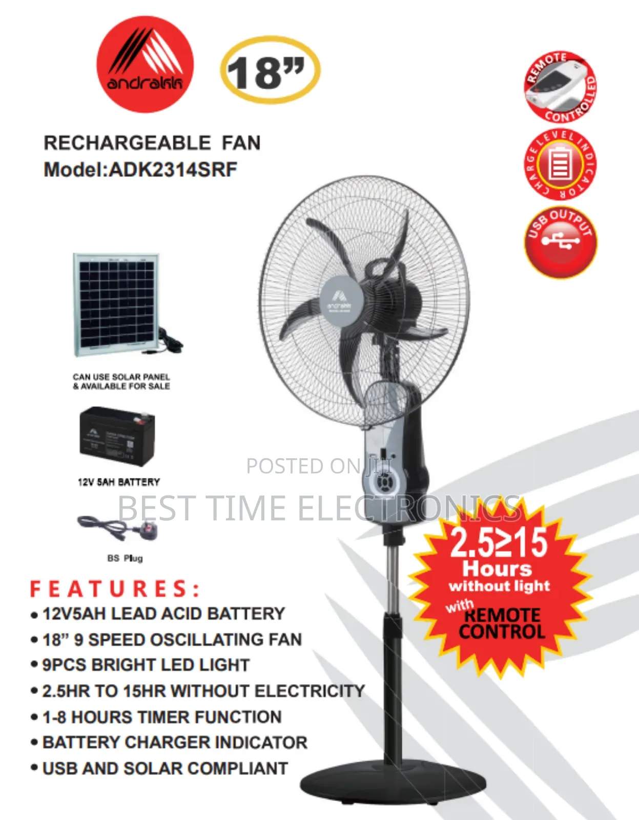 Andrakk 18" Lithium Solar Rechargeable Stand Fan
