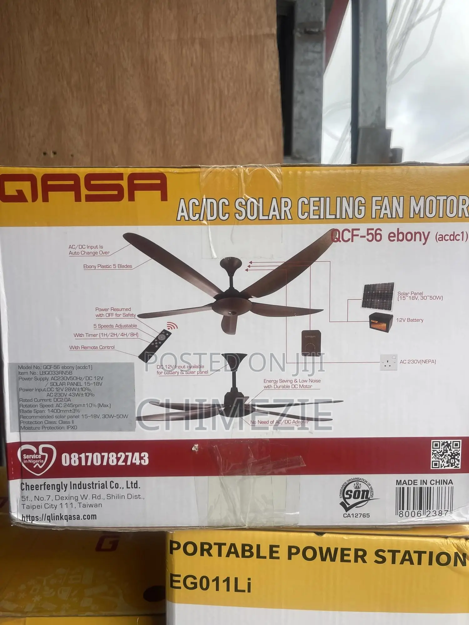 Qasa Ac/Dc Solar Ceiling Fan, Model QCF-56 Ebony.