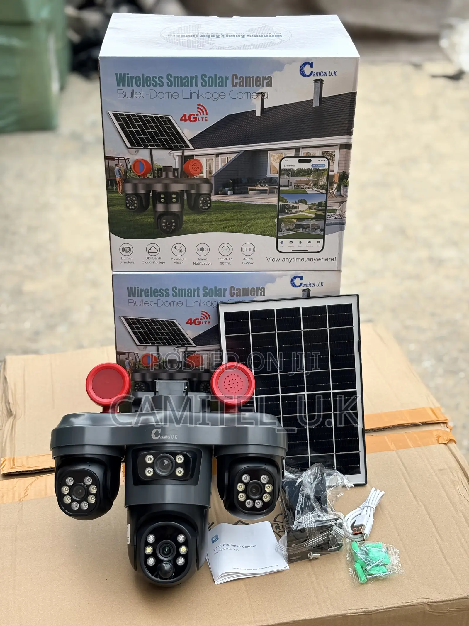 V380 Pro 3-Lens Wireless Smart Solar Camera With Alarm