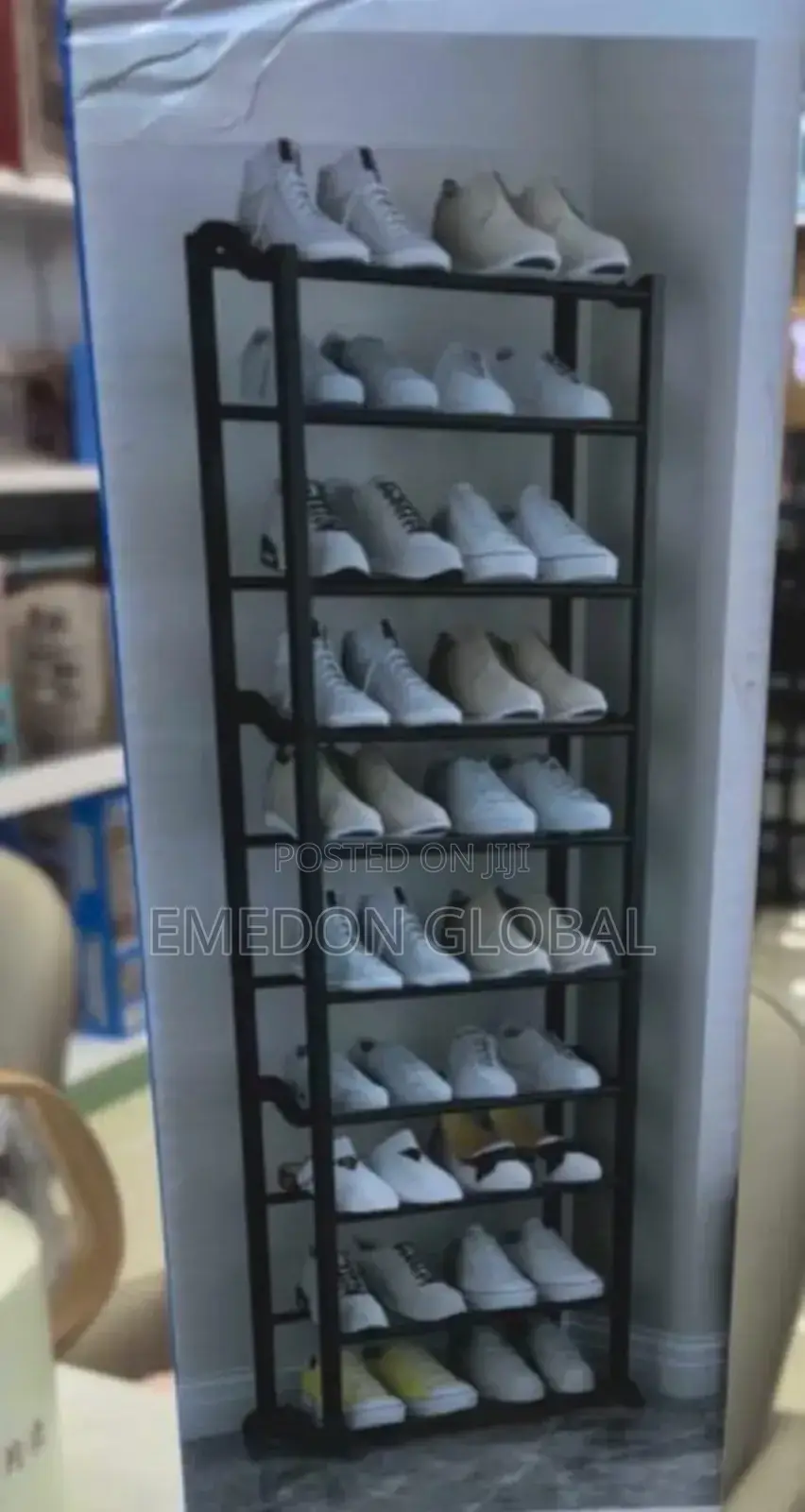This Is a Black Metal 10-Tier Shoe Rack.