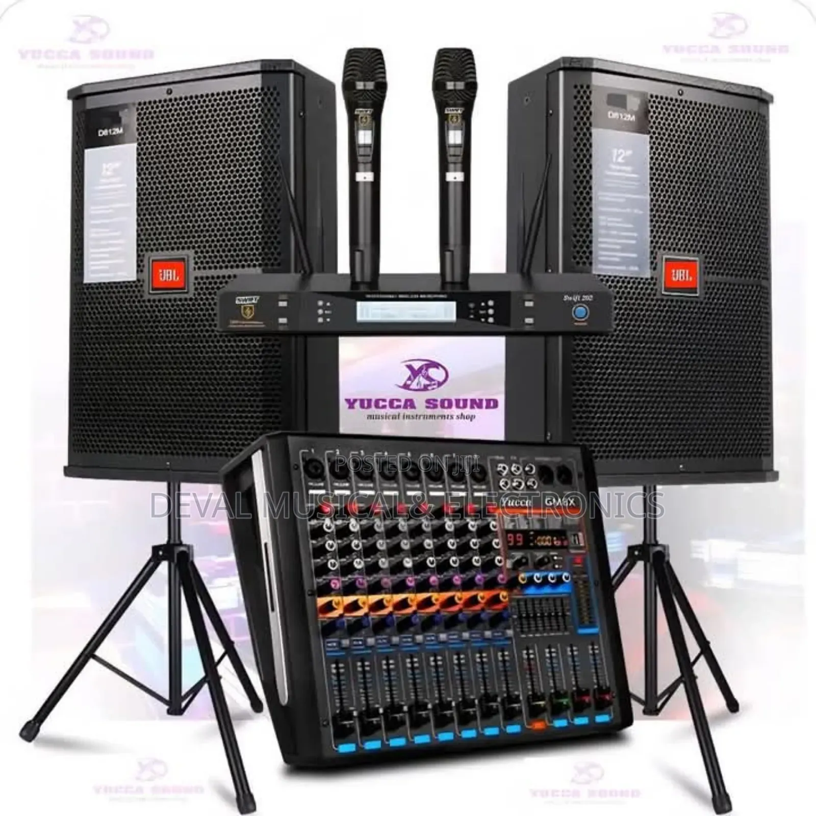JBL 12inches Speaker, 8channel Powered Mixer and Kmc8 Mic
