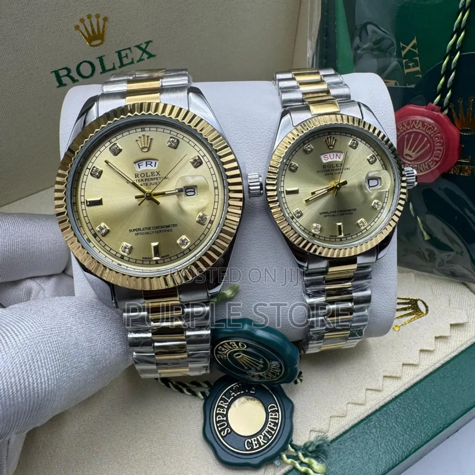 Rolex Man and Woman Watches "Silver and Gold Mix Chain Set" 