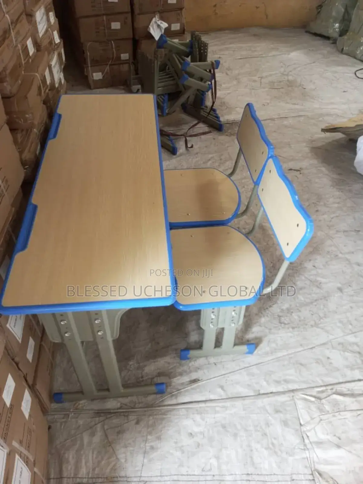 Wooden and Metal Students Double Reading Table and Chair