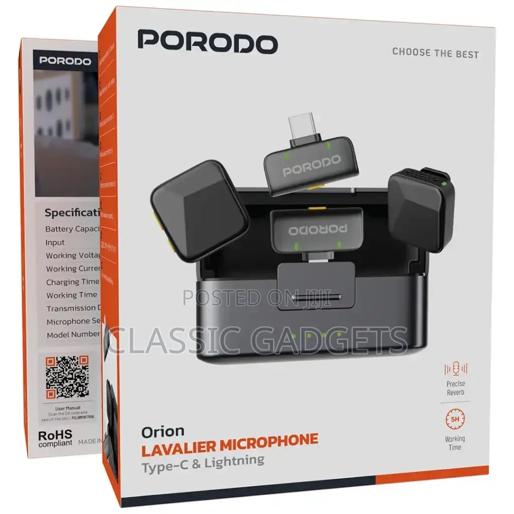 Porodo Orion Lavalier Microphone With Type-C/ Lightning Head Connector